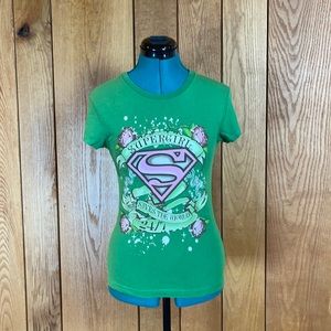 DC Comics Green Pink Floral Distress Supergirl Logo Graphic Tee Shirt Juniors S